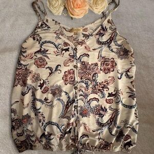 Floral Paisley Button-Front Cami Tank Top - Cream/Navy